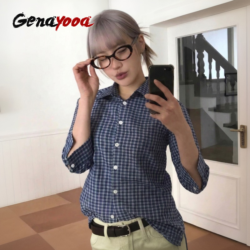 Street Fashion In Japan - Genayooa Y2k Kemeja Kotak-kotak Wanita Kemeja
