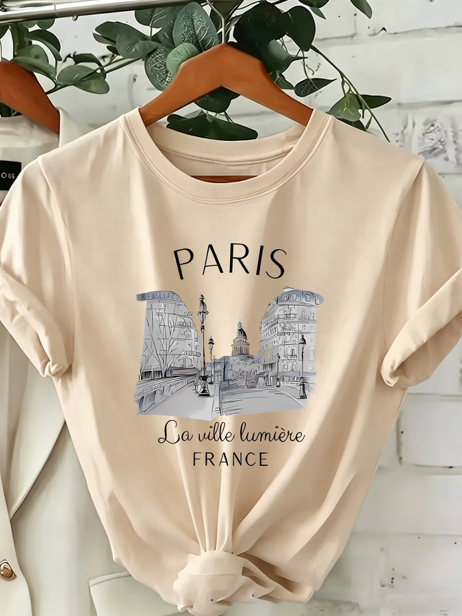 Street Fashion Paris 2025 Trends - Kaos Wanita Berkerah Bulat Motif Paris