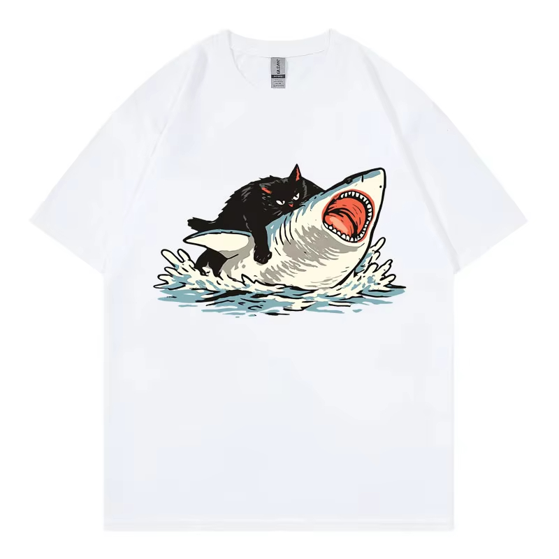 Fashion Street Cat - Kaos Grafis Kucing Lucu Mengendarai Hiu,
